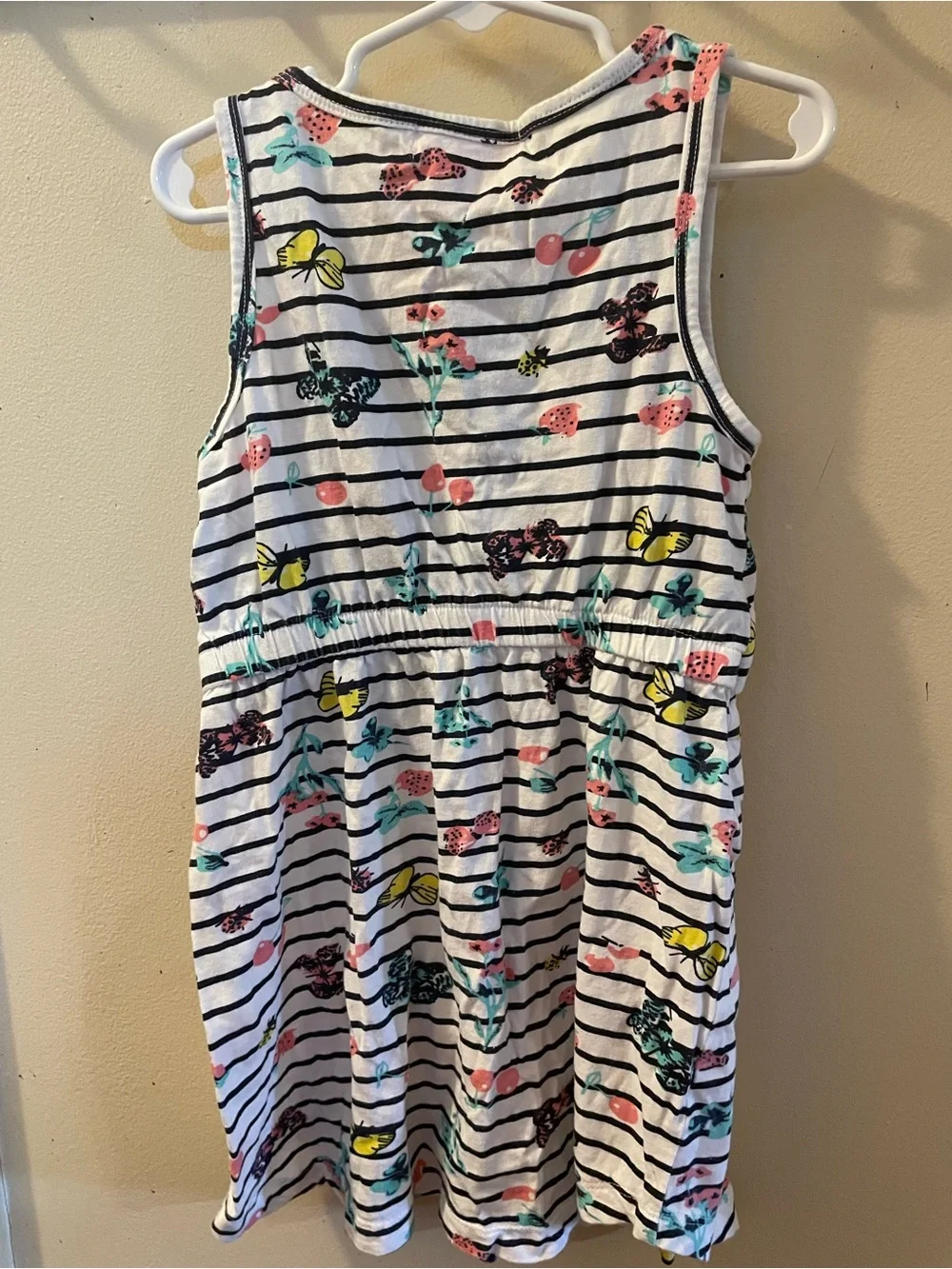 Girls' Striped Tank Dress with Butterfly & Fruit Prints - White/Black
